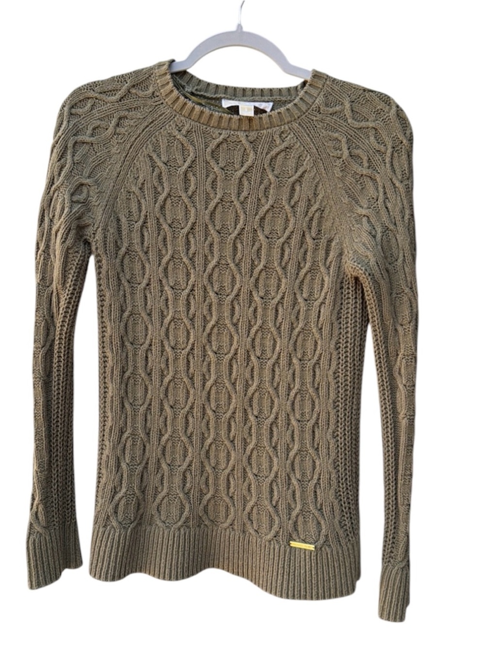 Michael Kors Olive Green Cable Knit Crew Neck Gold Logo Plaque Sweater WM SZ S